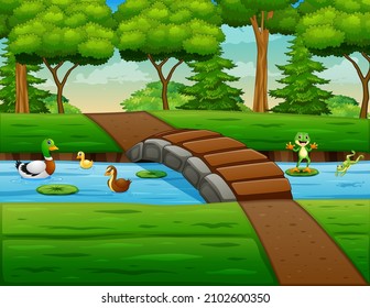 Cartoon illustration duckling and frogs playing in a river