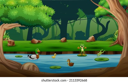 Cartoon illustration duckling and frogs playing in a river