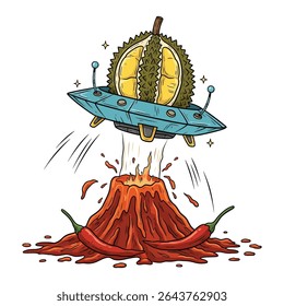 A cartoon illustration of a durian fruit inside a flying saucer, erupting from a volcano of chili peppers.