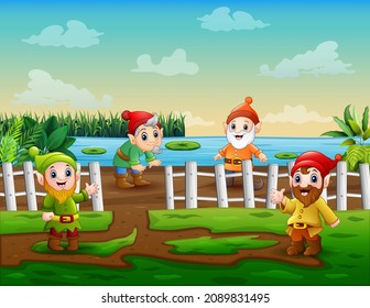Cartoon illustration of dwarves in the nature background