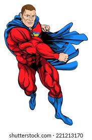 A cartoon illustration of a dynamic punching superhero in cape