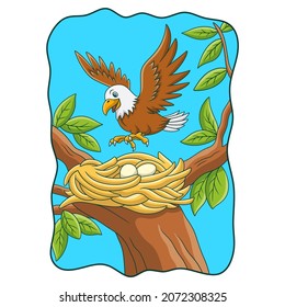 cartoon illustration the eagle perched on its nest in the tree