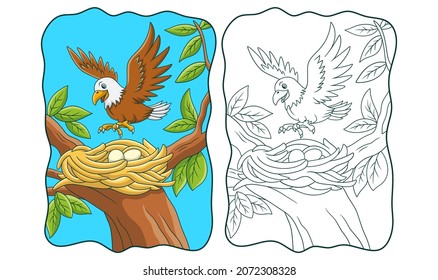 cartoon illustration the eagle perched on its nest in the tree book or page for kids