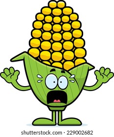 A cartoon illustration of an ear of corn looking scared.