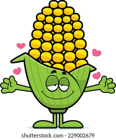 A cartoon illustration of an ear of corn ready to give a hug.