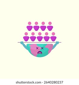 Cartoon illustration of the earth crying carrying the human population, for the global World Population Day design