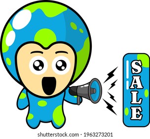 cartoon illustration of an earth mascot costume character holding a megaphone for a promotional newsletter or advertisement