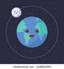 Cartoon illustration of earth and moon with happy face. Cute cartoon kawaii moon and planet earth in flat style vector illustration