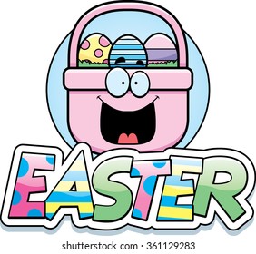A cartoon illustration of an Easter basket in an Easter themed graphic.