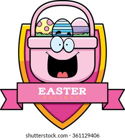 A cartoon illustration of an Easter basket in an Easter themed graphic.