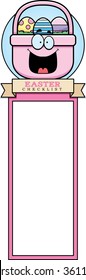 A cartoon illustration of an Easter basket in an Easter themed graphic.
