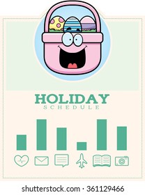 A cartoon illustration of an Easter basket in an Easter themed graphic.