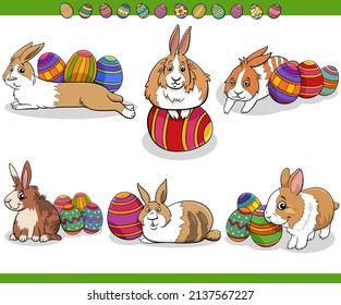 Cartoon illustration of Easter bunnies characters and eggs set