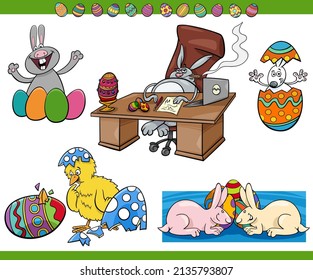 Ilustración de dibujos animados de conejillos de Pascua y personajes de polluelos