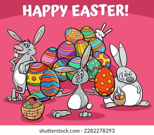 Cartoon illustration of Easter Bunnies with colored Easter eggs holiday greeting card design