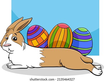 Cartoon illustration of Easter Bunny character with colored Easter eggs