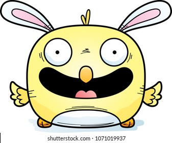 A cartoon illustration of an Easter bunny chick smiling.