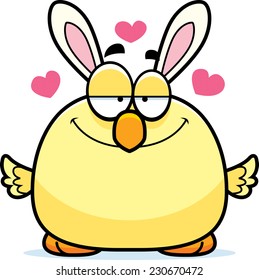 A cartoon illustration of an Easter bunny chick in love.