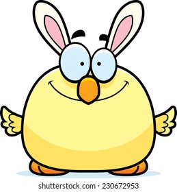 A cartoon illustration of an Easter bunny chick smiling.