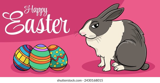 Cartoon illustration of Easter Bunny with colored eggs greeting card design