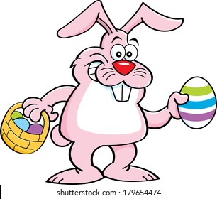 Cartoon illustration of the Easter bunny holding an egg and a basket,