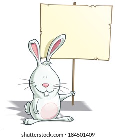 Cartoon illustration of Easter Bunny holding a placard, isolated on white.