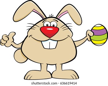 Cartoon illustration of the Easter bunny holding an Easter egg and giving thumbs up.