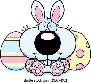 A cartoon illustration of the Easter Bunny sitting and smiling.