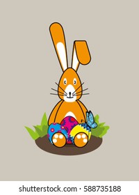 Cartoon illustration of Easter Bunny sitting with colored eggs and a butterfly