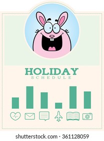A cartoon illustration of the Easter Bunny in an Easter themed graphic.