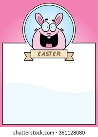 A cartoon illustration of the Easter Bunny in an Easter themed graphic.