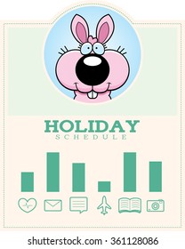 A cartoon illustration of the Easter Bunny in an Easter themed graphic.