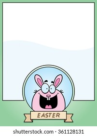 A cartoon illustration of the Easter Bunny in an Easter themed graphic.