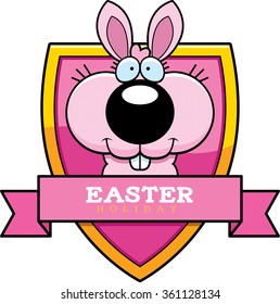 A cartoon illustration of the Easter Bunny in an Easter themed graphic.