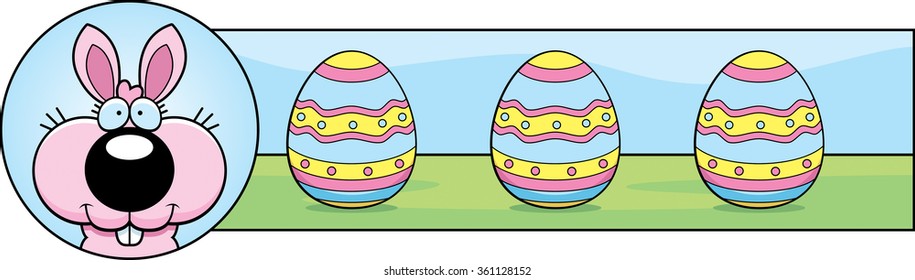 A cartoon illustration of the Easter Bunny in an Easter themed graphic.