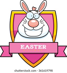 A cartoon illustration of the Easter Bunny in an Easter themed graphic.