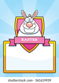 A cartoon illustration of the Easter Bunny in an Easter themed graphic.