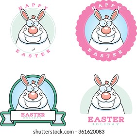 A cartoon illustration of the Easter Bunny in an Easter themed graphic.