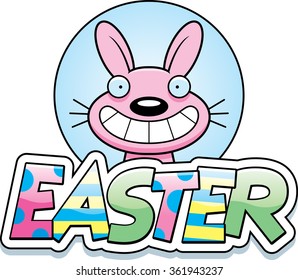 A cartoon illustration of the Easter Bunny in an Easter themed graphic.