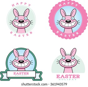 A cartoon illustration of the Easter Bunny in an Easter themed graphic.