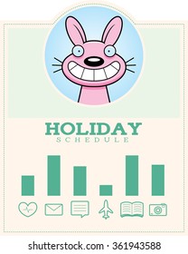 A cartoon illustration of the Easter Bunny in an Easter themed graphic.