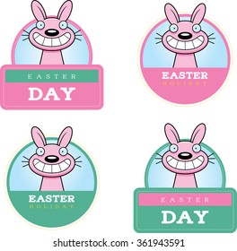 A cartoon illustration of the Easter Bunny in an Easter themed graphic.