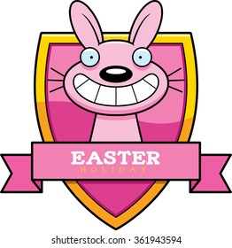 A cartoon illustration of the Easter Bunny in an Easter themed graphic.