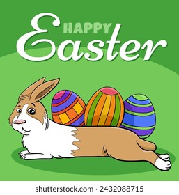 Ilustración de dibujos animados de conejito de Pascua con tres huevos de colores de diseño de tarjeta de felicitación
