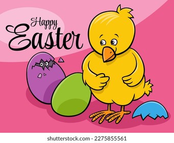 Ilustración de dibujos animados de Easter Chick con el diseño de la tarjeta de saludo de huevos de Pascua