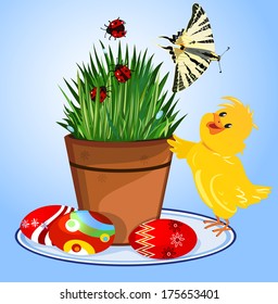 Cartoon illustration of Easter chicken and painted Easter eggs 