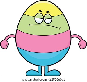 Cartoon illustration of an Easter egg with a grumpy expression. 