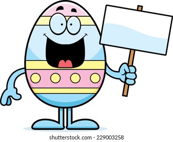 A cartoon illustration of an Easter egg holding a sign.