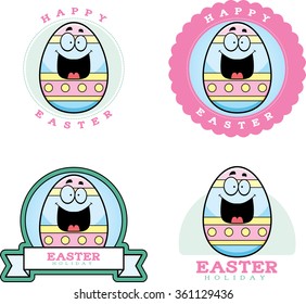 A cartoon illustration of an Easter egg in an Easter themed graphic.