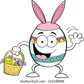 Cartoon illustration of an Easter egg wearing rabbit ears and holding a Easter basket.